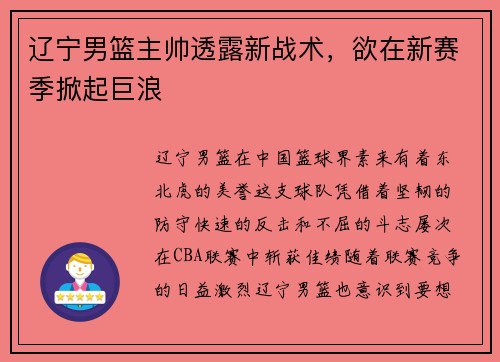 辽宁男篮主帅透露新战术，欲在新赛季掀起巨浪