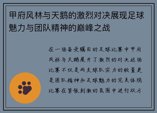 甲府风林与天鹅的激烈对决展现足球魅力与团队精神的巅峰之战